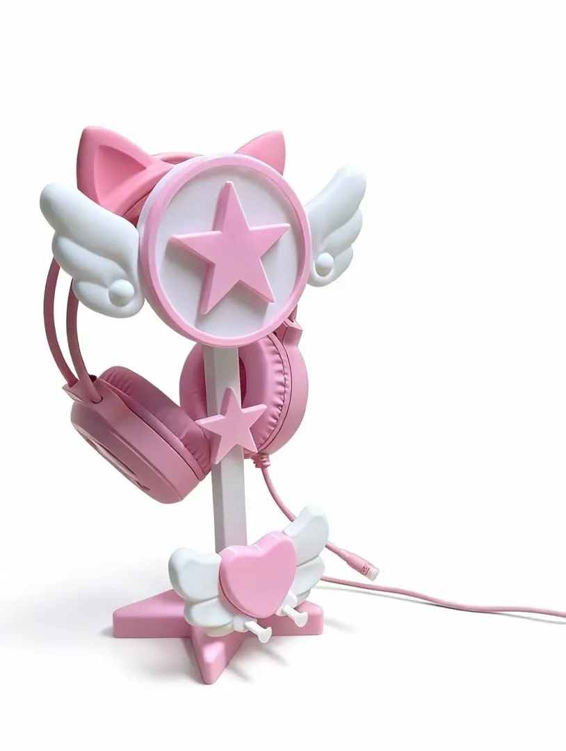 Suporte para Headset Rosa com Asas e Estrela